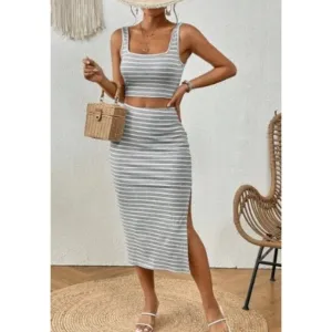 2 piece set: skirt set maxi skirt &amp; crop top tank striped gray white
