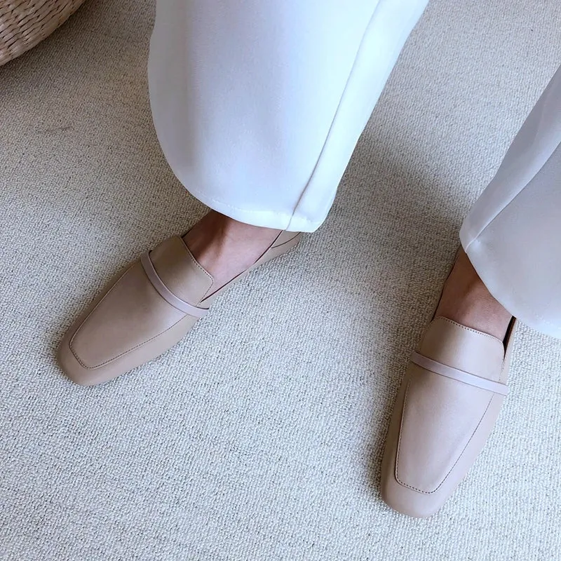 2025 New Women's Cow Leather Square Toe Flats – No-Heel White Shoes for Spring & Autumn