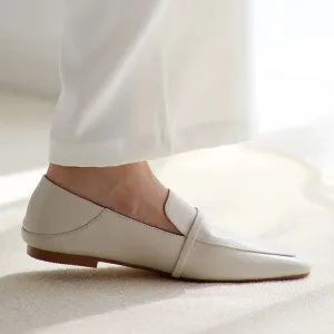 2025 New Women's Cow Leather Square Toe Flats – No-Heel White Shoes for Spring & Autumn