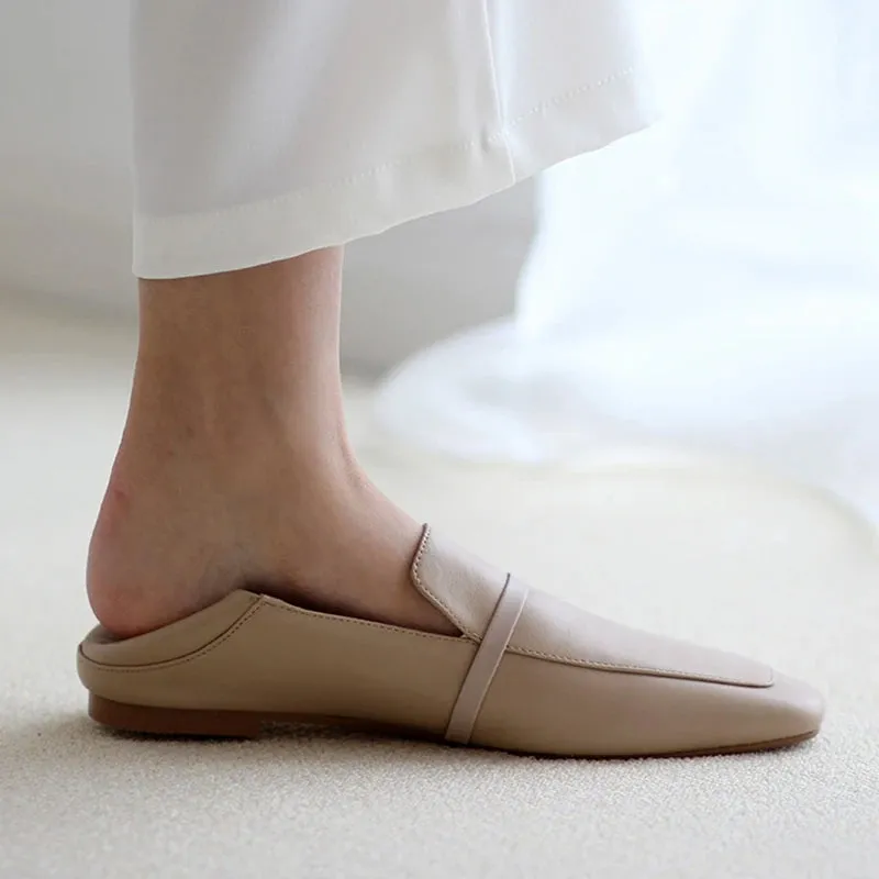 2025 New Women's Cow Leather Square Toe Flats – No-Heel White Shoes for Spring & Autumn
