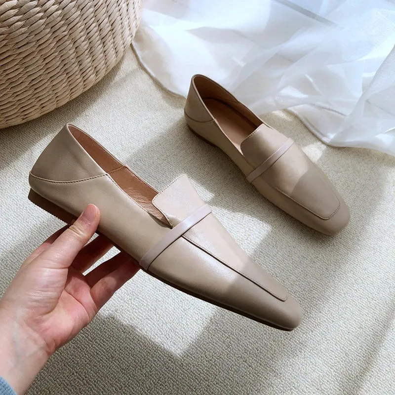 2025 New Women's Cow Leather Square Toe Flats – No-Heel White Shoes for Spring & Autumn