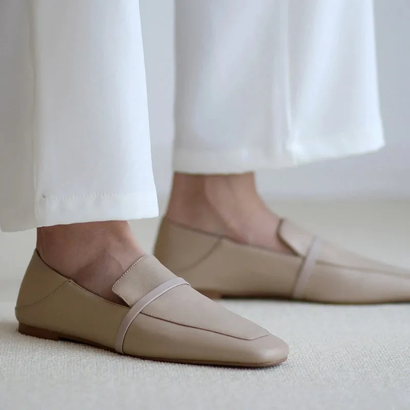 2025 New Women's Cow Leather Square Toe Flats – No-Heel White Shoes for Spring & Autumn