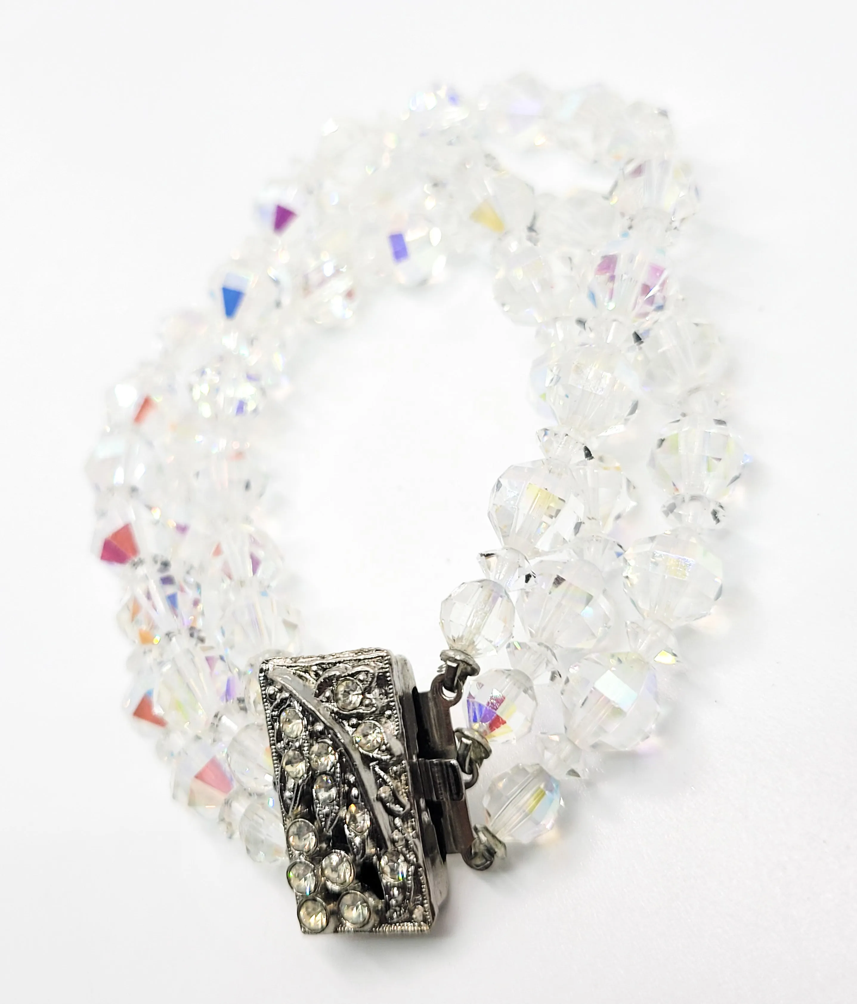 Austrian Crystal Aurora Borealis three layer beaded rhinestone vintage bracelet