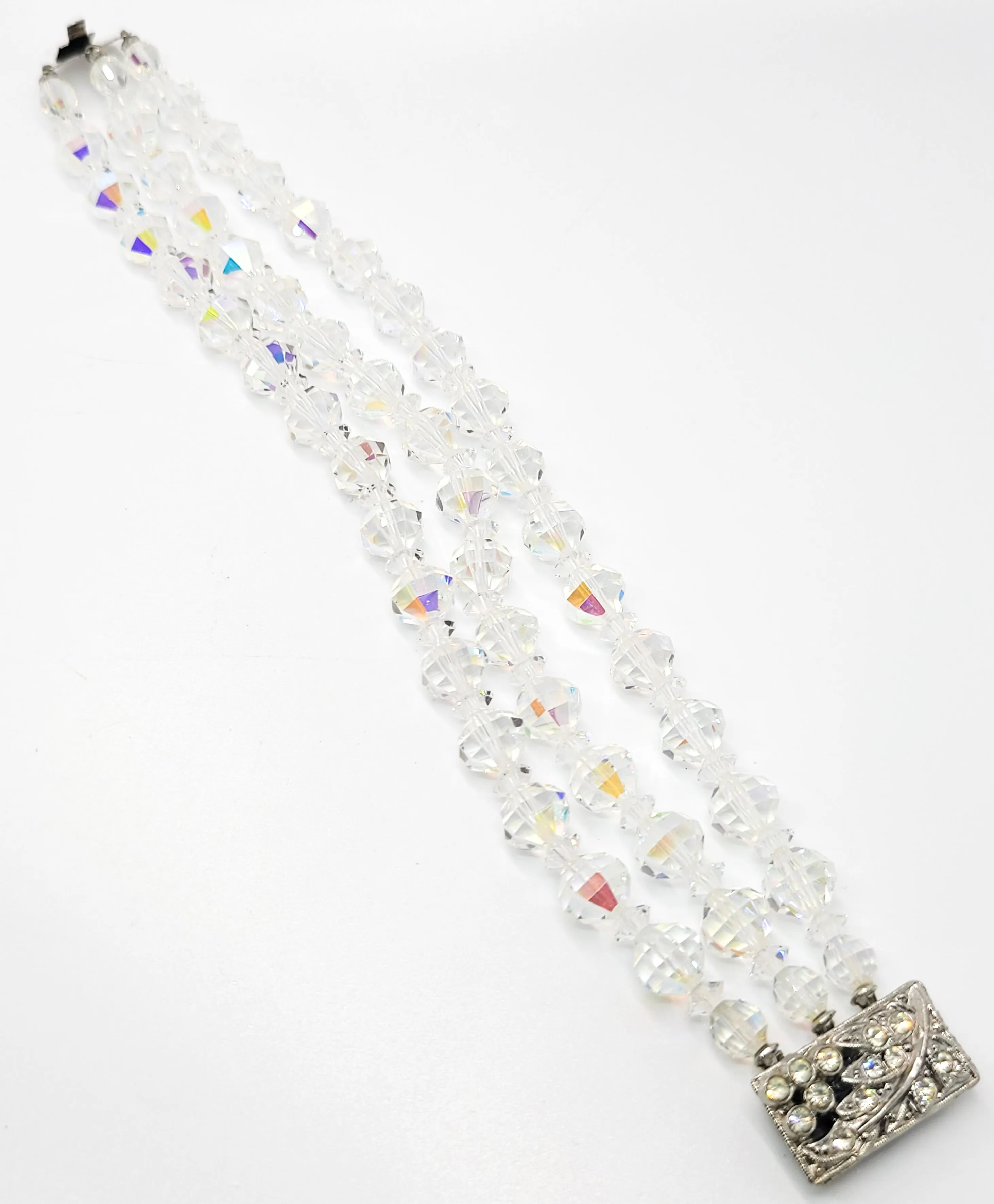 Austrian Crystal Aurora Borealis three layer beaded rhinestone vintage bracelet