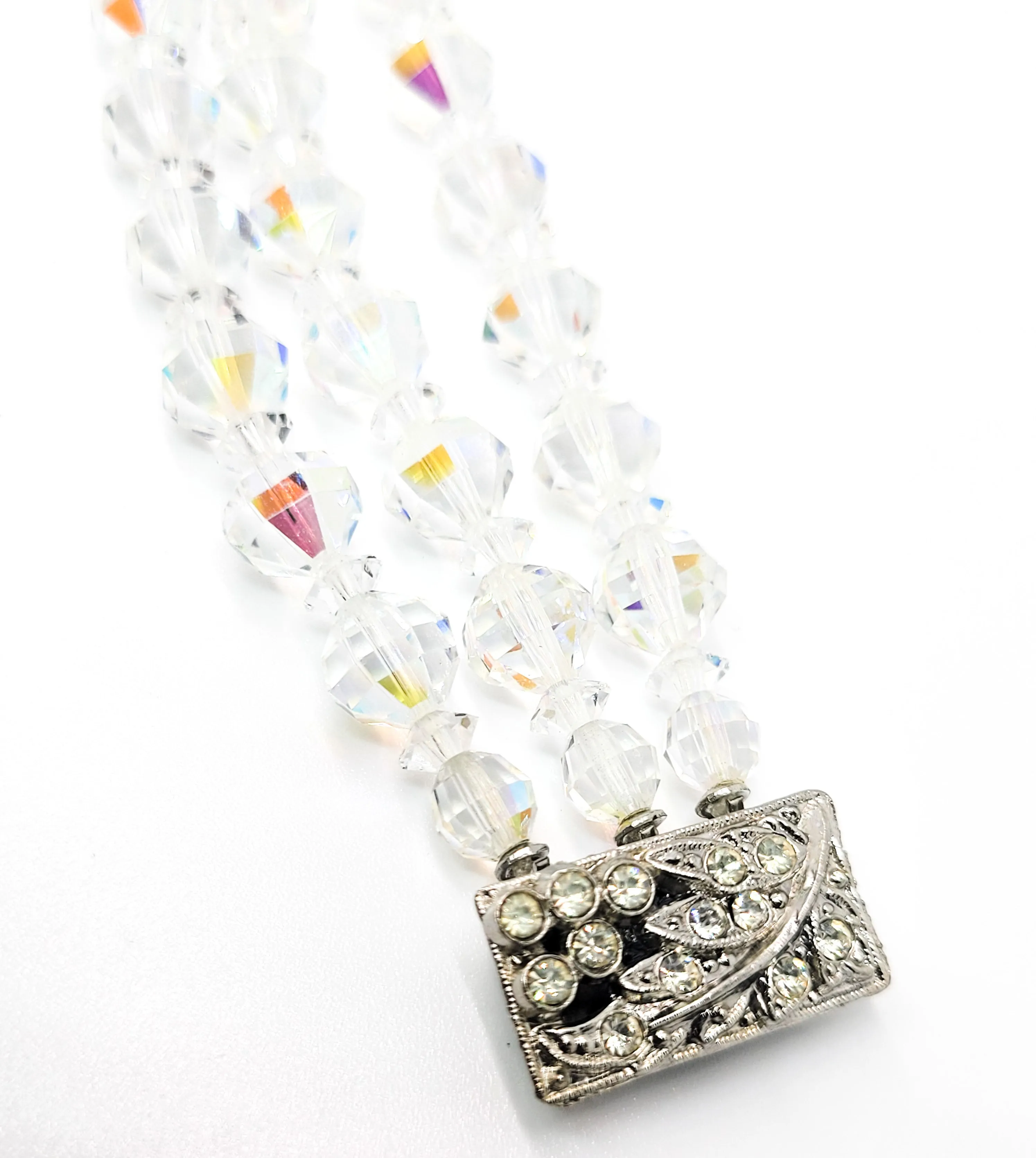 Austrian Crystal Aurora Borealis three layer beaded rhinestone vintage bracelet