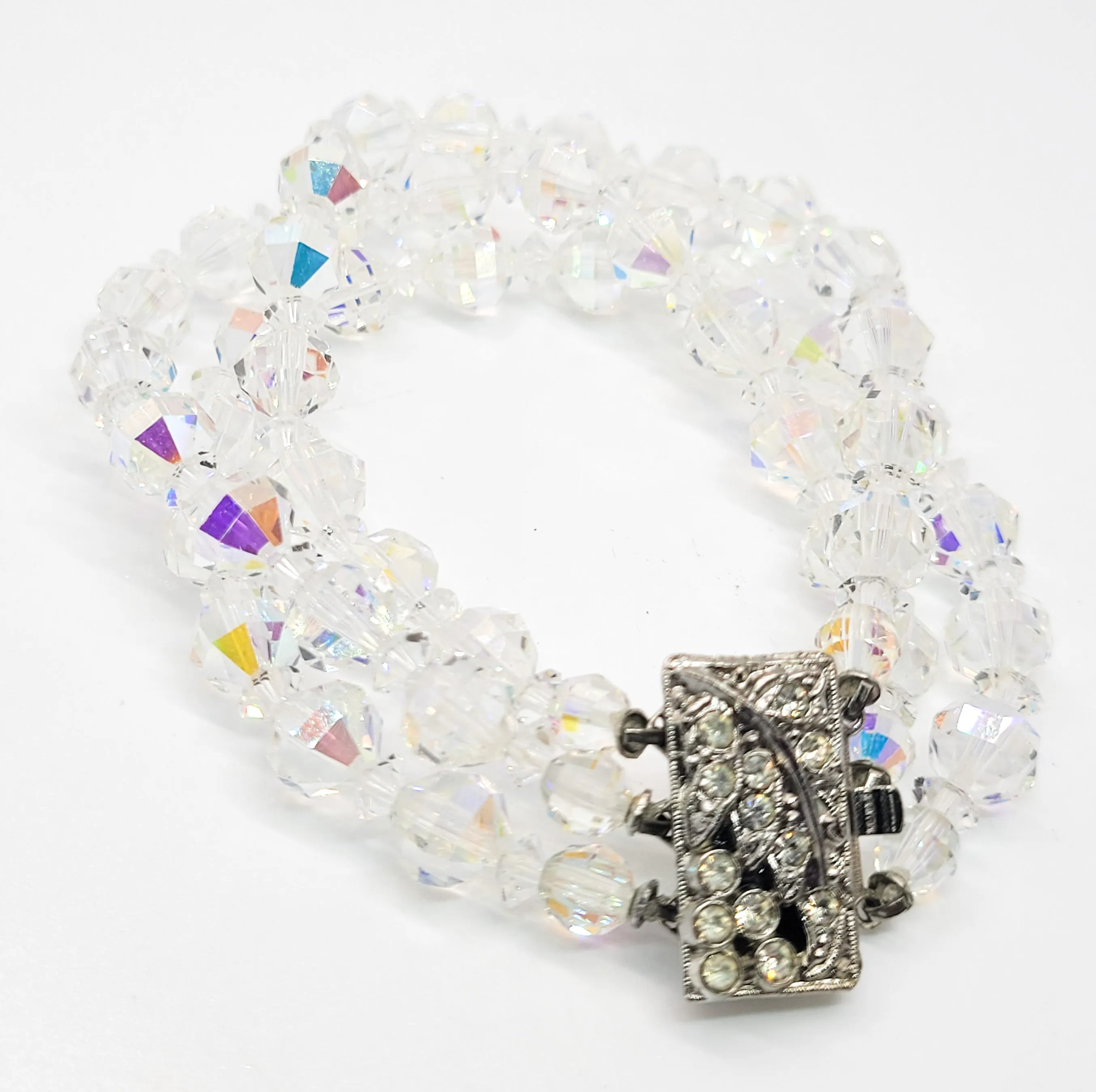 Austrian Crystal Aurora Borealis three layer beaded rhinestone vintage bracelet