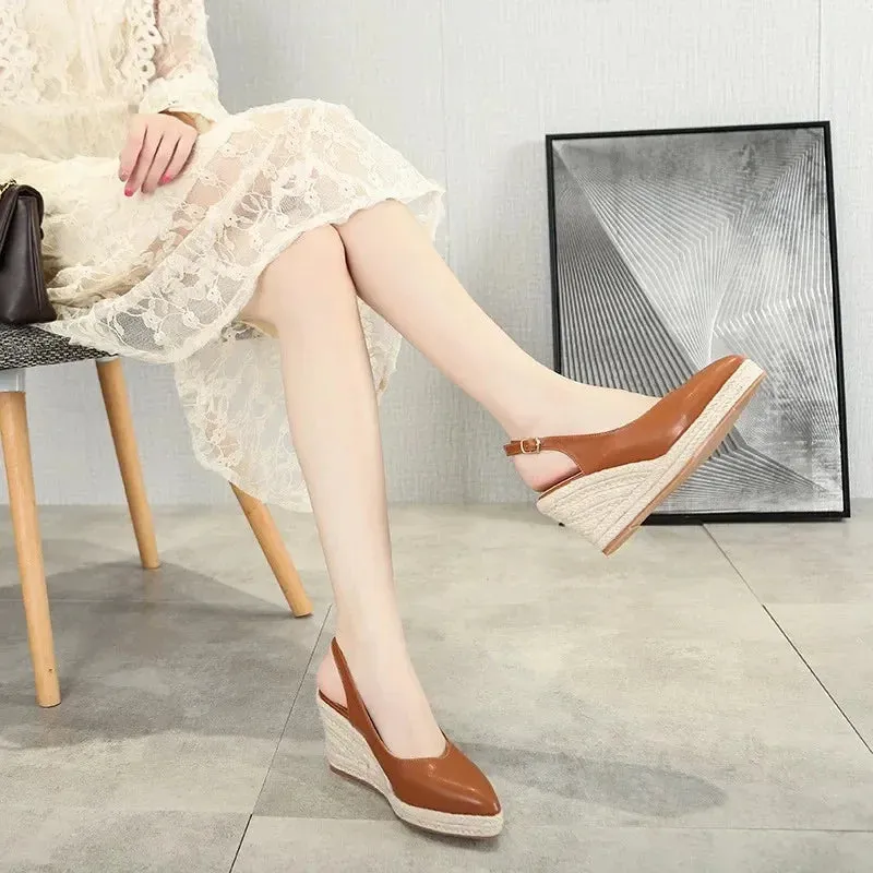 BEYARNE Princess Kate's Same Leather Wedge Single Shoes Women's Shallow Mouth Espadrilles Spring and Autumn New Sandals HighHeel