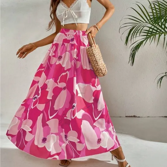 Boho Abstract Water Color High Waist Skirt Pink