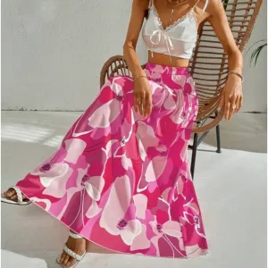 Boho Abstract Water Color High Waist Skirt Pink