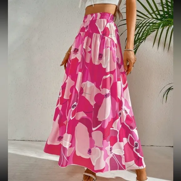 Boho Abstract Water Color High Waist Skirt Pink