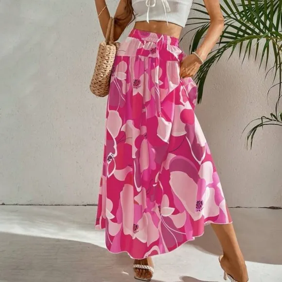 Boho Abstract Water Color High Waist Skirt Pink