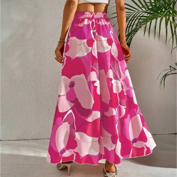 Boho Abstract Water Color High Waist Skirt Pink
