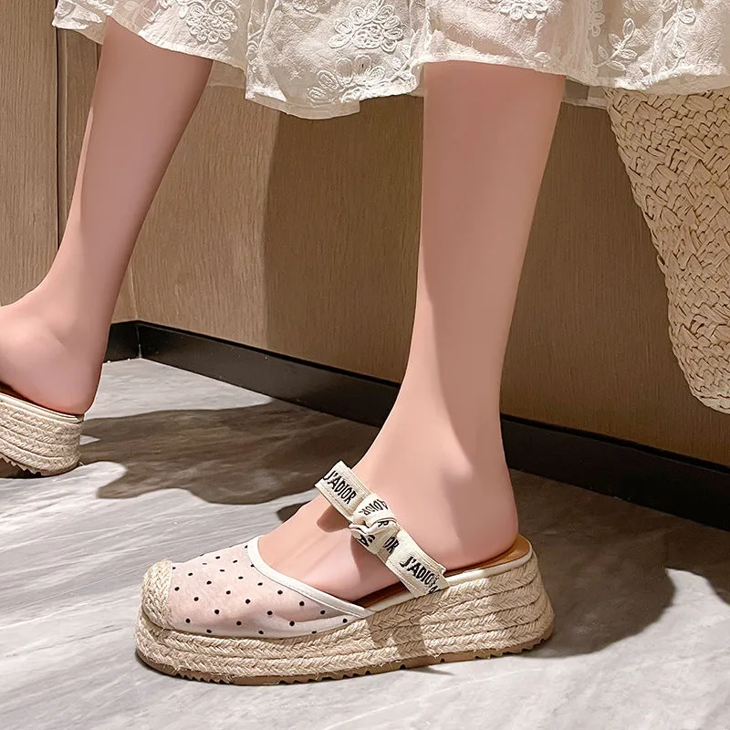 CASUAL WEDGE PLATFORM ESPADRILLE SANDALS WITH BOW TIE