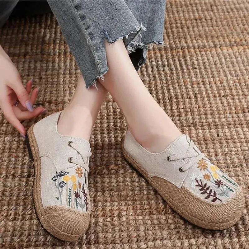 Flower Embroidered Women Handmade Linen Cotton Slip On Espadrilles Loafers Comfortable Sneakers Casual Walking Shoes 2024