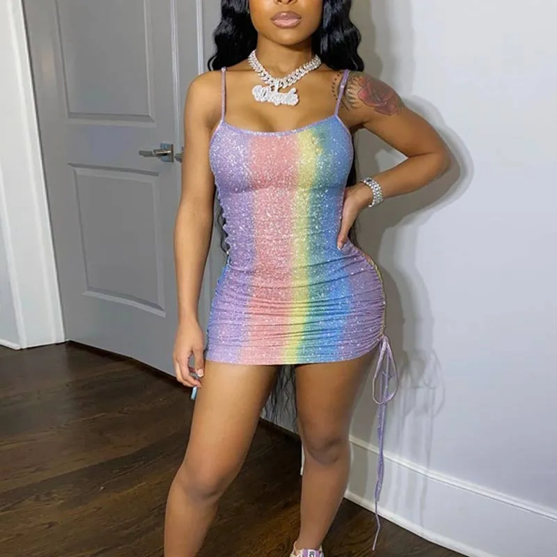 Glitter Rainbow Pattern Sleeveless Mini Dress