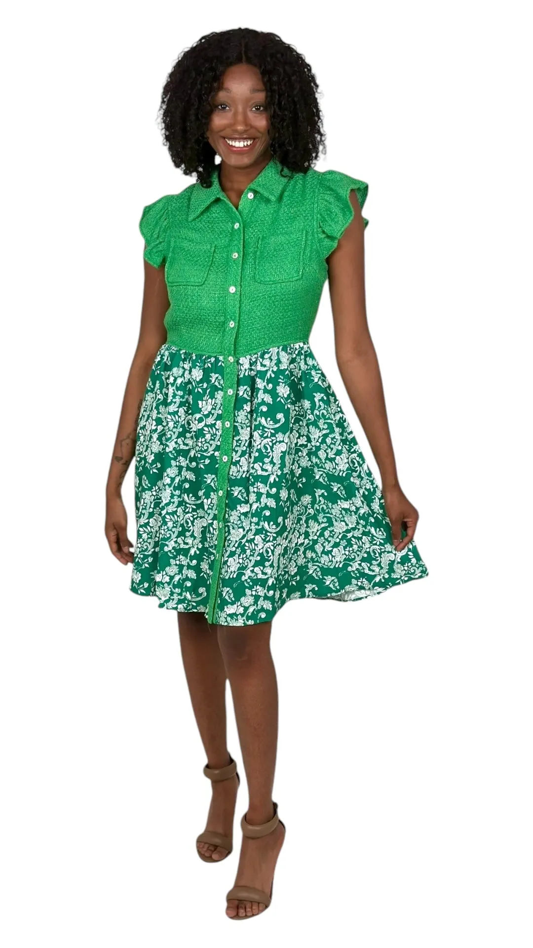 Green Tweed Floral Print Mini Dress