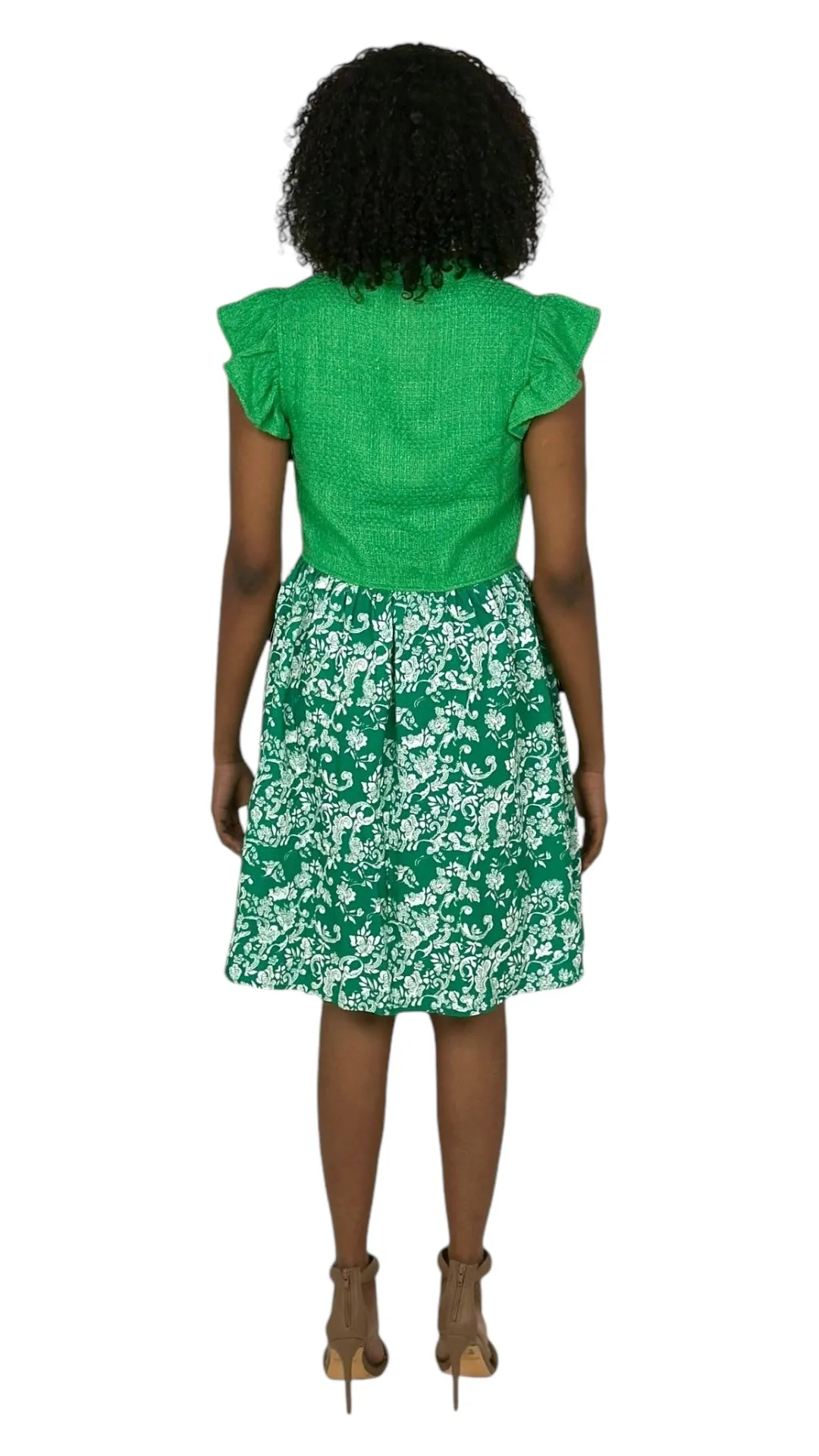 Green Tweed Floral Print Mini Dress