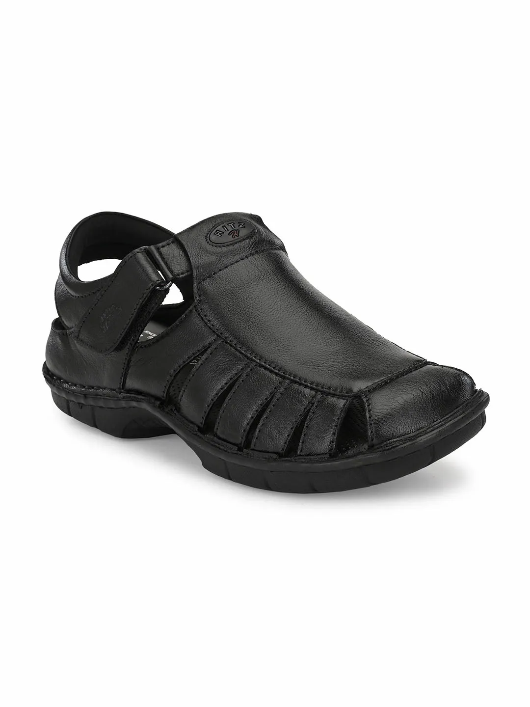 HITZ9603 Men's Black Leather Casual Velcro Sandals