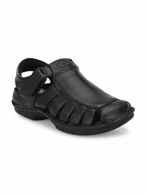 HITZ9603 Men's Black Leather Casual Velcro Sandals