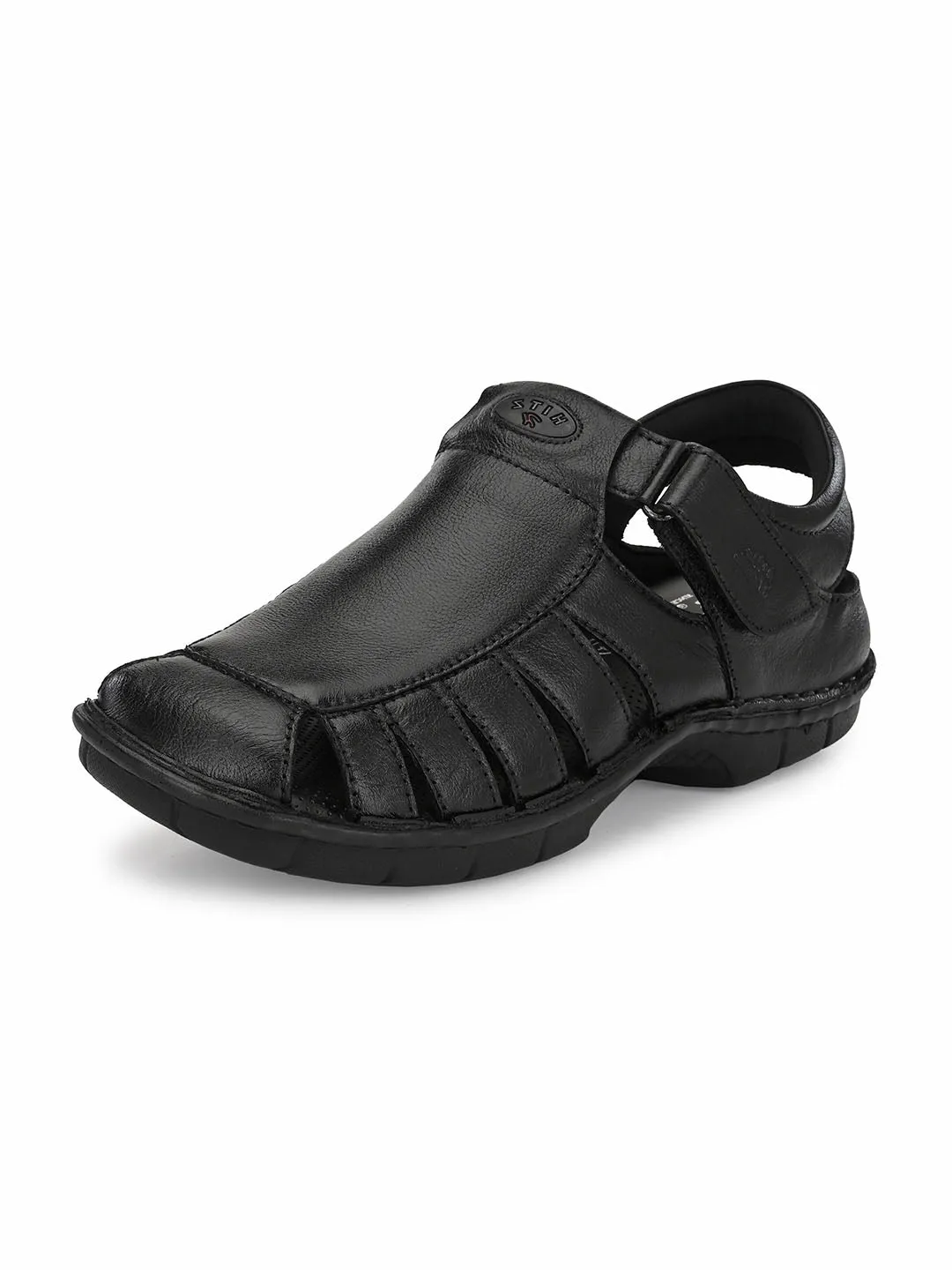 HITZ9603 Men's Black Leather Casual Velcro Sandals