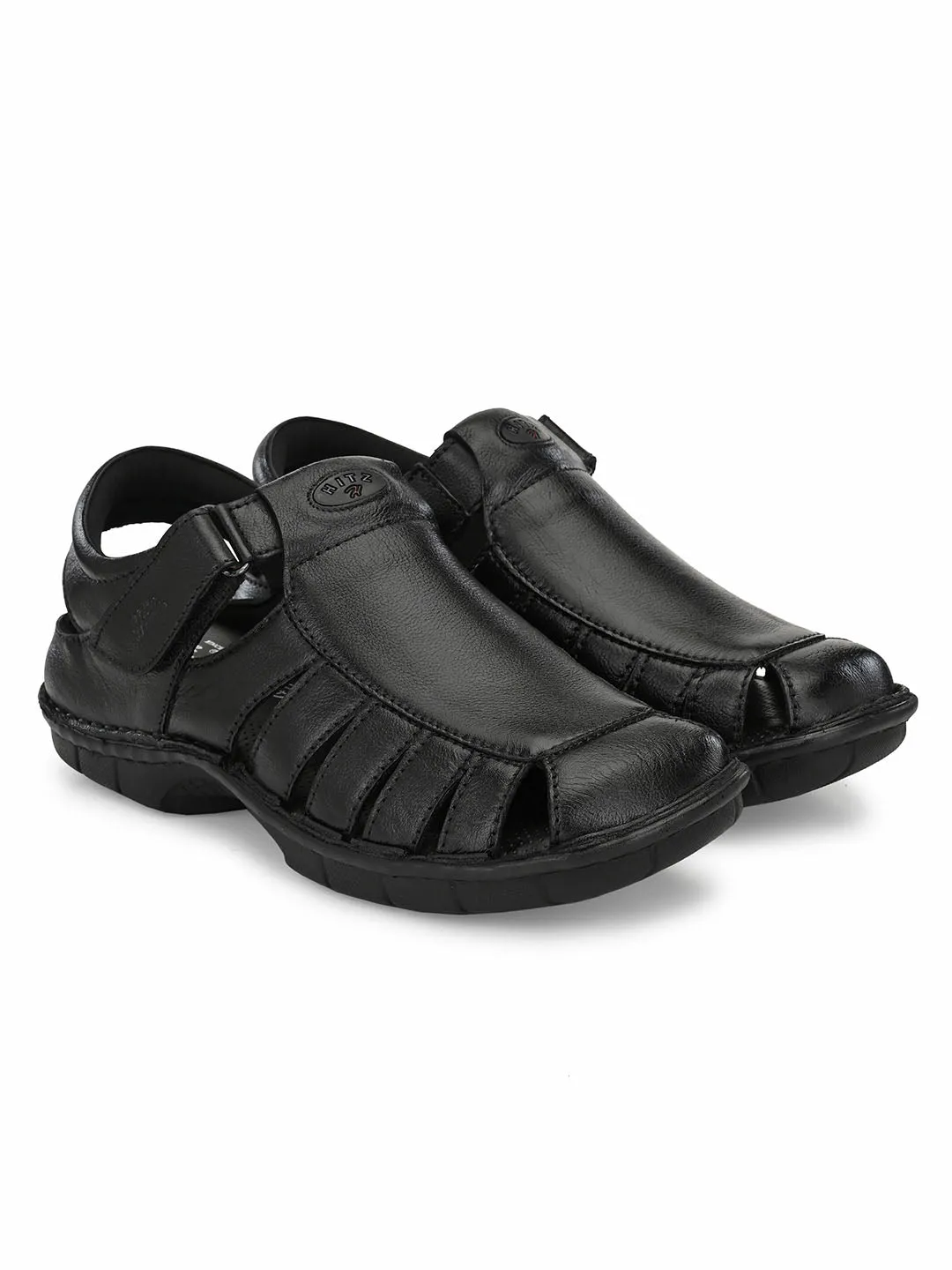HITZ9603 Men's Black Leather Casual Velcro Sandals