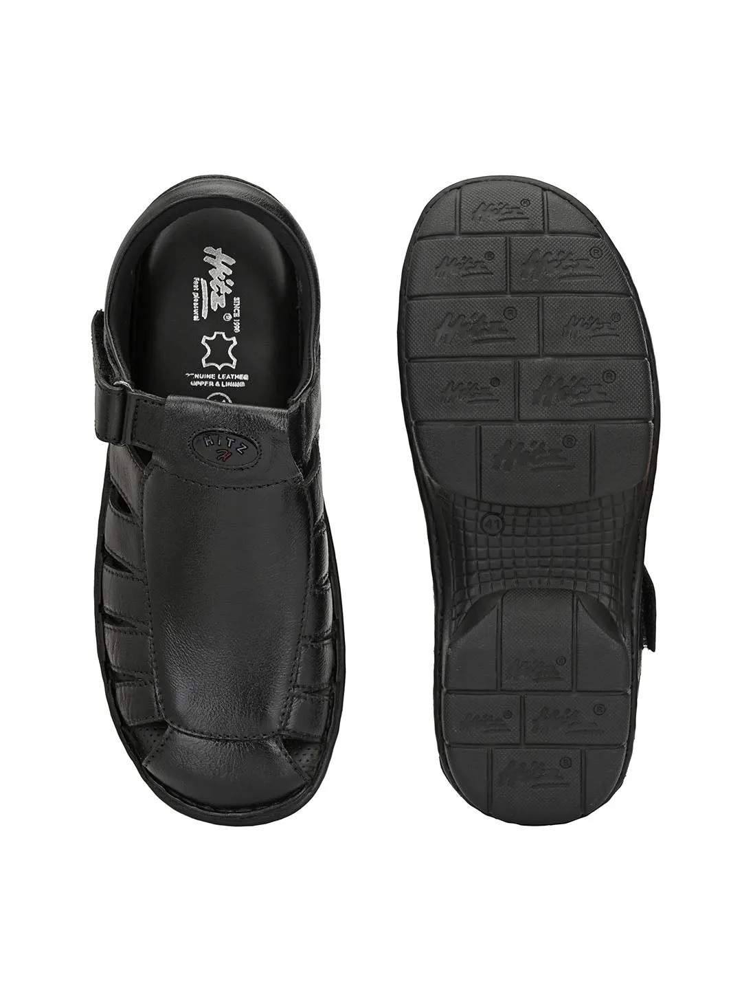 HITZ9603 Men's Black Leather Casual Velcro Sandals