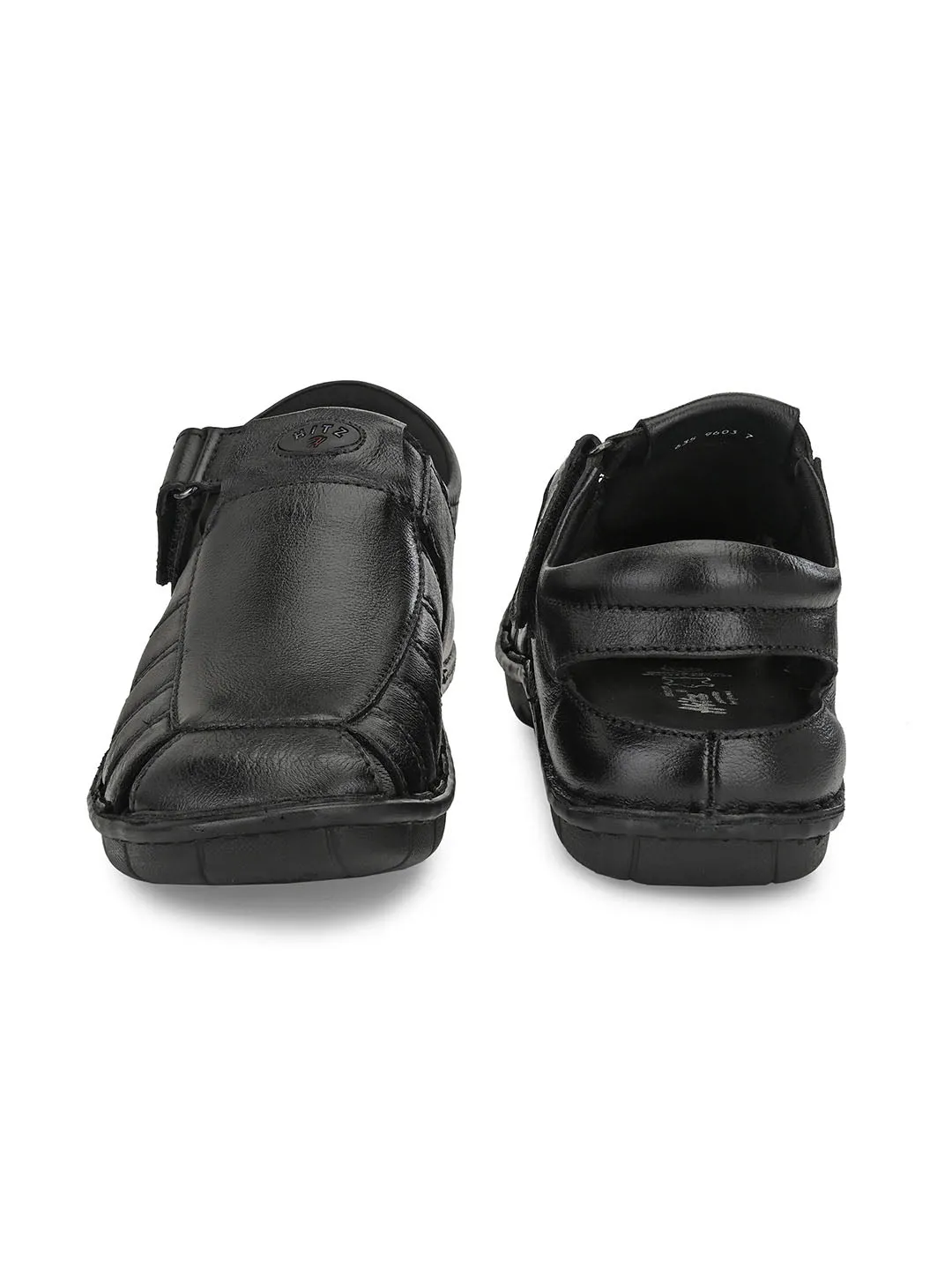 HITZ9603 Men's Black Leather Casual Velcro Sandals