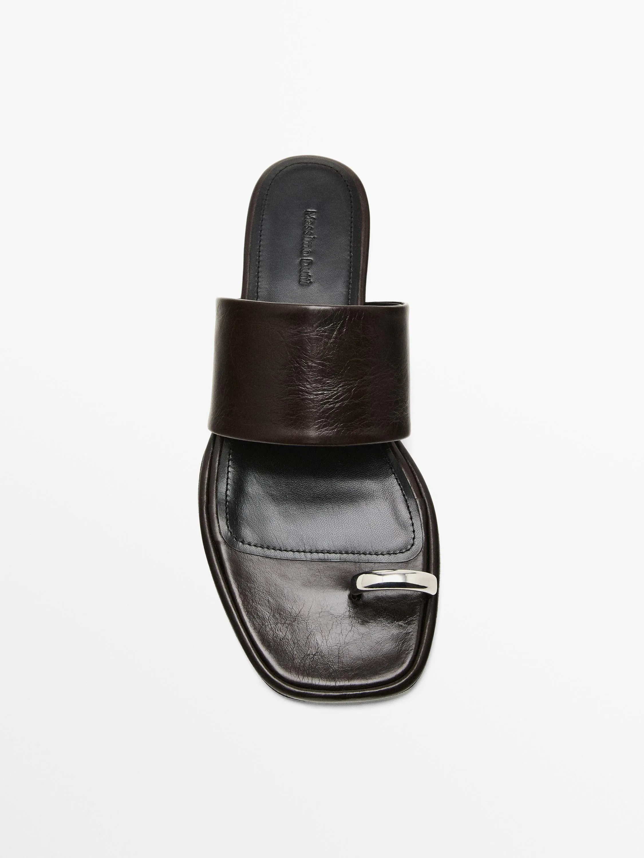 Leather flat slider sandals with ring detail