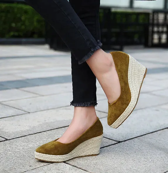 LIHUAMAO Suede wedge shoes women pumps pointed toe high heels platform espadrilles shoes same as princess