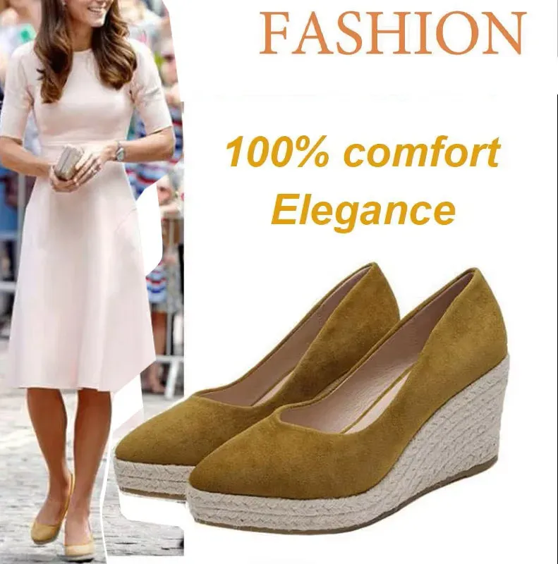 LIHUAMAO Suede wedge shoes women pumps pointed toe high heels platform espadrilles shoes same as princess