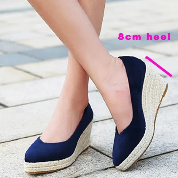 LIHUAMAO Suede wedge shoes women pumps pointed toe high heels platform espadrilles shoes same as princess