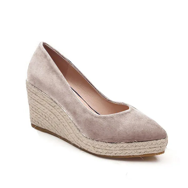 LIHUAMAO Suede wedge shoes women pumps pointed toe high heels platform espadrilles shoes same as princess