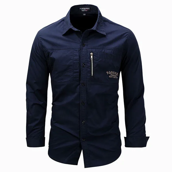 Military Style Lapel Zipper Design Long Sleeve Men's Shirt