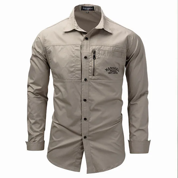 Military Style Lapel Zipper Design Long Sleeve Men's Shirt