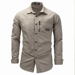 Military Style Lapel Zipper Design Long Sleeve Men's Shirt