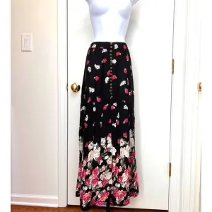 Raga Anthropologie Black Pink Floral Bohemian Boho Maxi Skirt Pull On  Sz M
