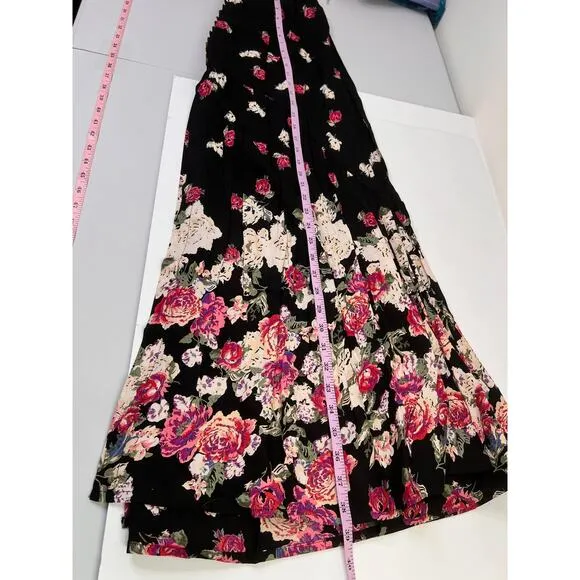 Raga Anthropologie Black Pink Floral Bohemian Boho Maxi Skirt Pull On  Sz M