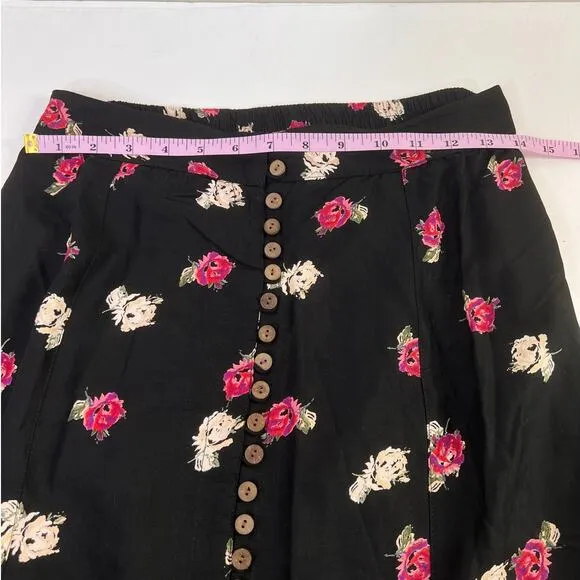 Raga Anthropologie Black Pink Floral Bohemian Boho Maxi Skirt Pull On  Sz M
