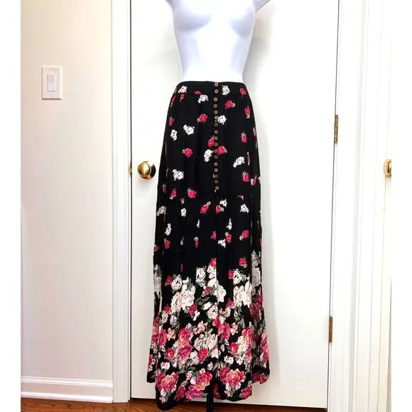 Raga Anthropologie Black Pink Floral Bohemian Boho Maxi Skirt Pull On  Sz M
