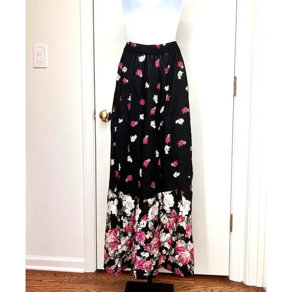 Raga Anthropologie Black Pink Floral Bohemian Boho Maxi Skirt Pull On  Sz M