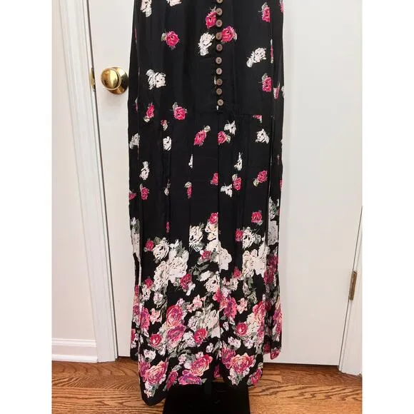Raga Anthropologie Black Pink Floral Bohemian Boho Maxi Skirt Pull On  Sz M