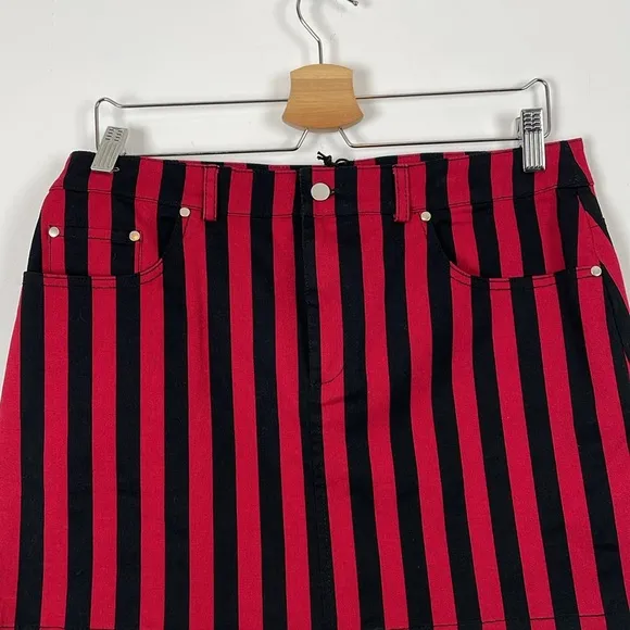 Rebecca Minkoff Womens 10 Black Red Striped 5 Pocket Casual Denim Mini Skirt