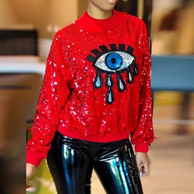 Sequins Round Neck Lip Print Long Sleeve Sweater