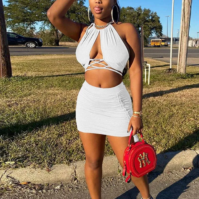 Solid Halter Sleeveless Hollow Out Bandage Two Piece Skirt Set