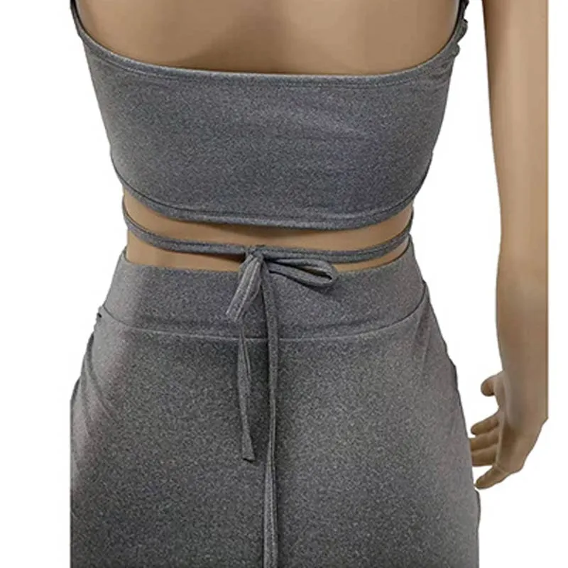 Solid Halter Sleeveless Hollow Out Bandage Two Piece Skirt Set