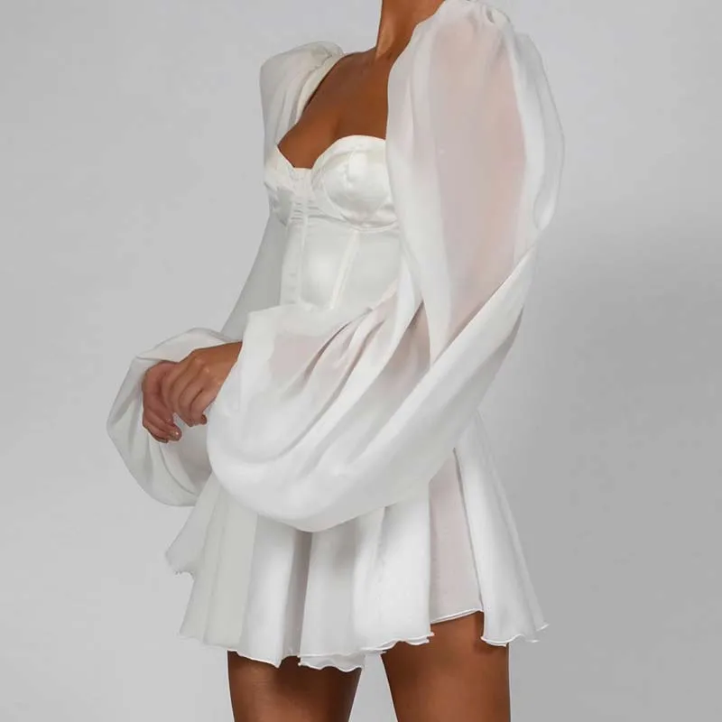 Solid Lantern Sleeve Chiffon Pleated Mini Dress