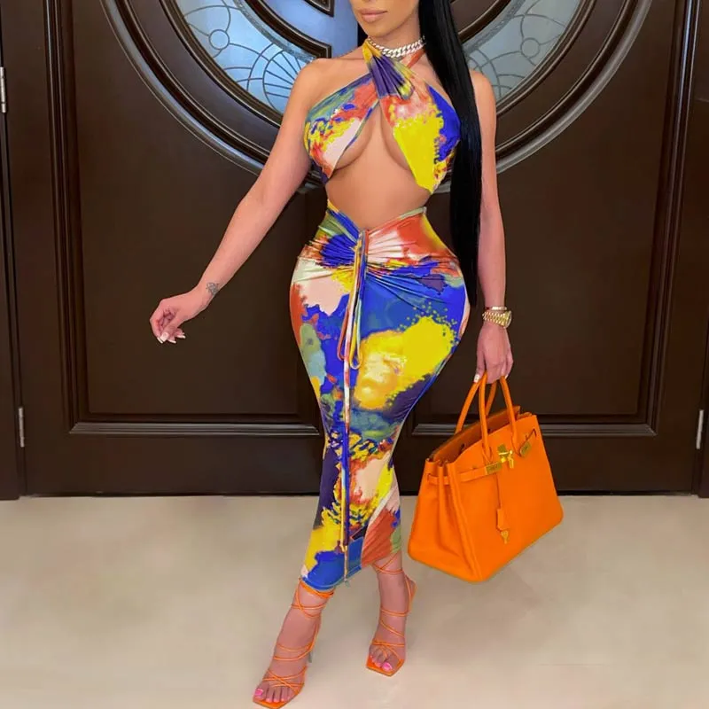 Tie Dye Print Halter Skirt Set
