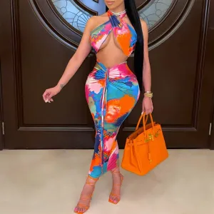 Tie Dye Print Halter Skirt Set