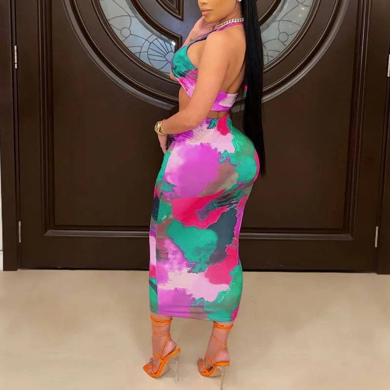 Tie Dye Print Halter Skirt Set