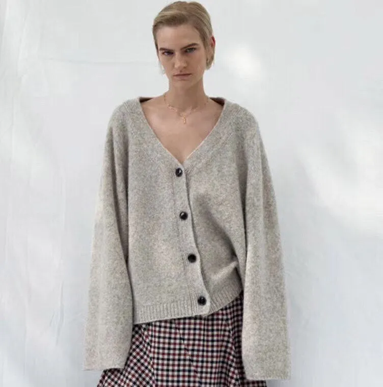 V-neck single button wide sleeve casual loose breathable wool knitted cardigan